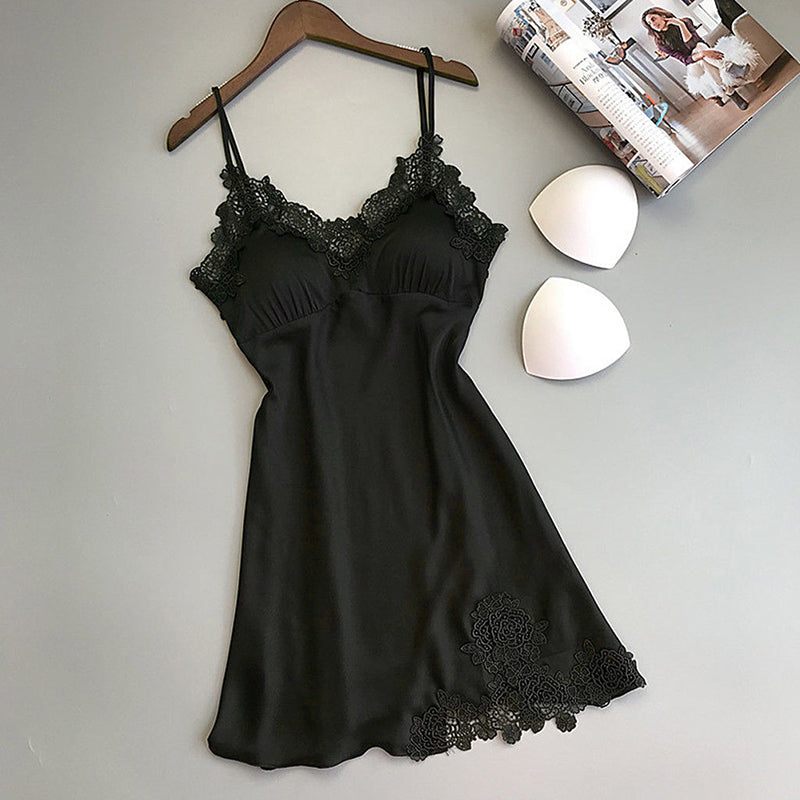 Women's Elegant Silk Satin Nightgown With Floral Lace Trim Soft Sleepwear Robe
