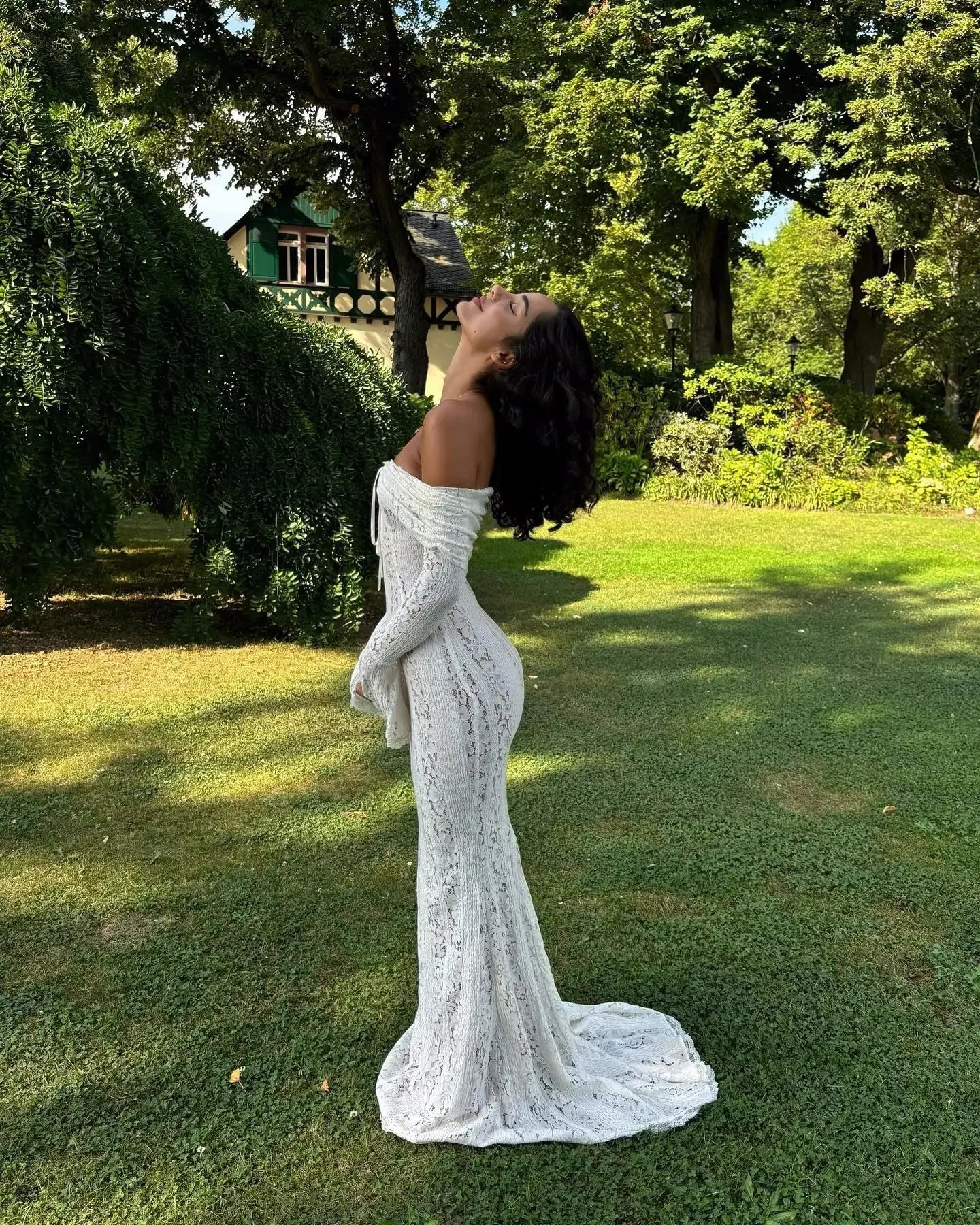 Premium Women White Bodycon Lace Maxi Dress Flare Sleeves