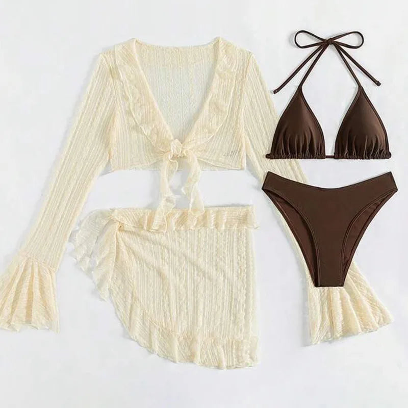 Women's 4-Piece Bikini Set with Long-Sleeve Cover-Up