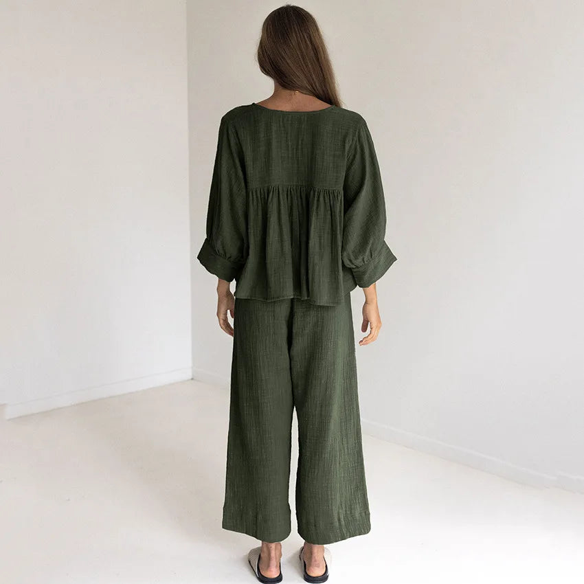 Breathable Cotton Women's V-Neck Pajama Set Loose Lounge Suit
