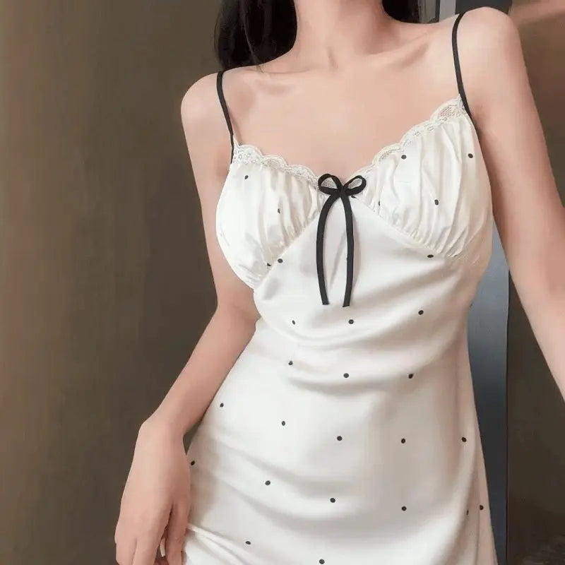 Women's Summer Ice Silk Chemise Nightgown With Elegant Lace Trim V-Neck Sleepwear