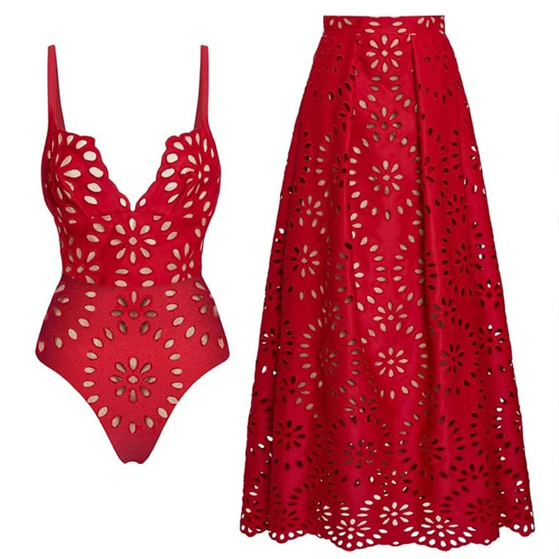 Flaxmaker Summer Women Lace Up V Neck Ruffle Swimsuit Sarong