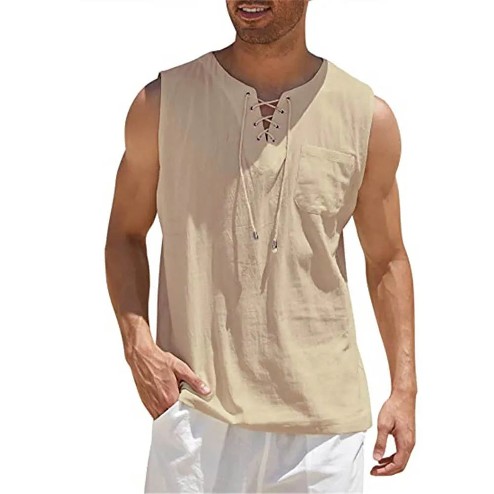 Men's Casual Sleeveless V-Neck Lace Up Retro Vest Shirt