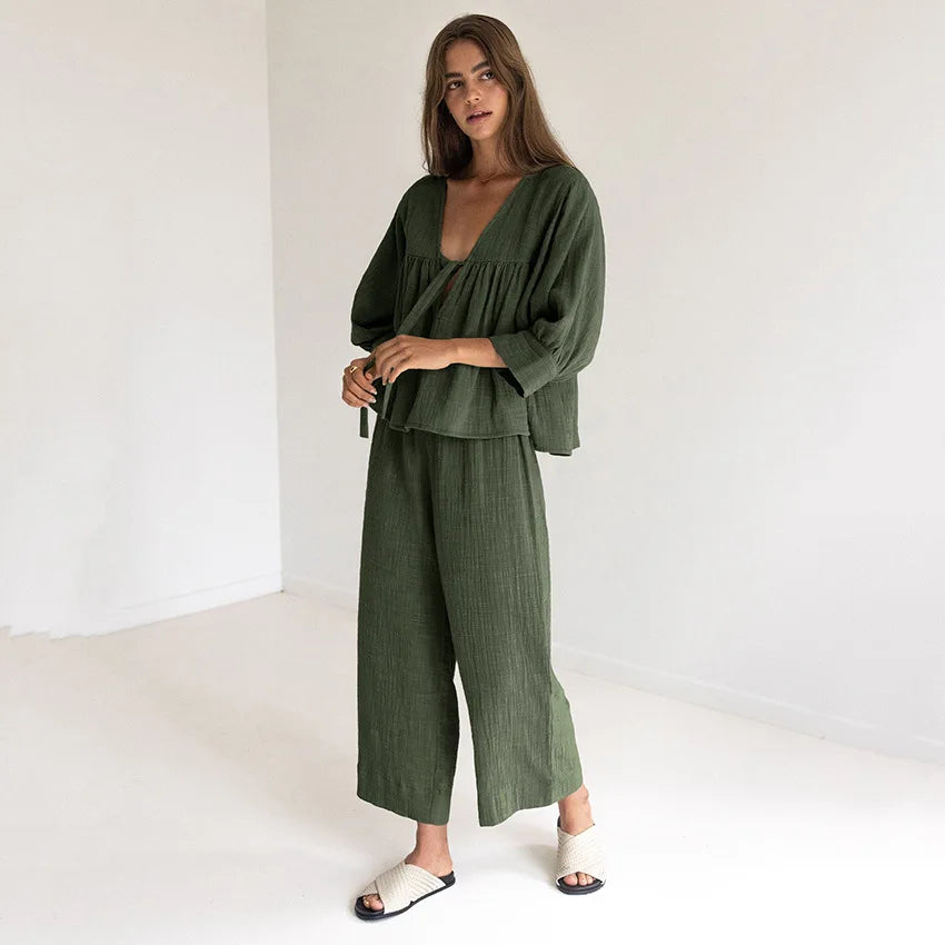 Breathable Cotton Women's V-Neck Pajama Set Loose Lounge Suit