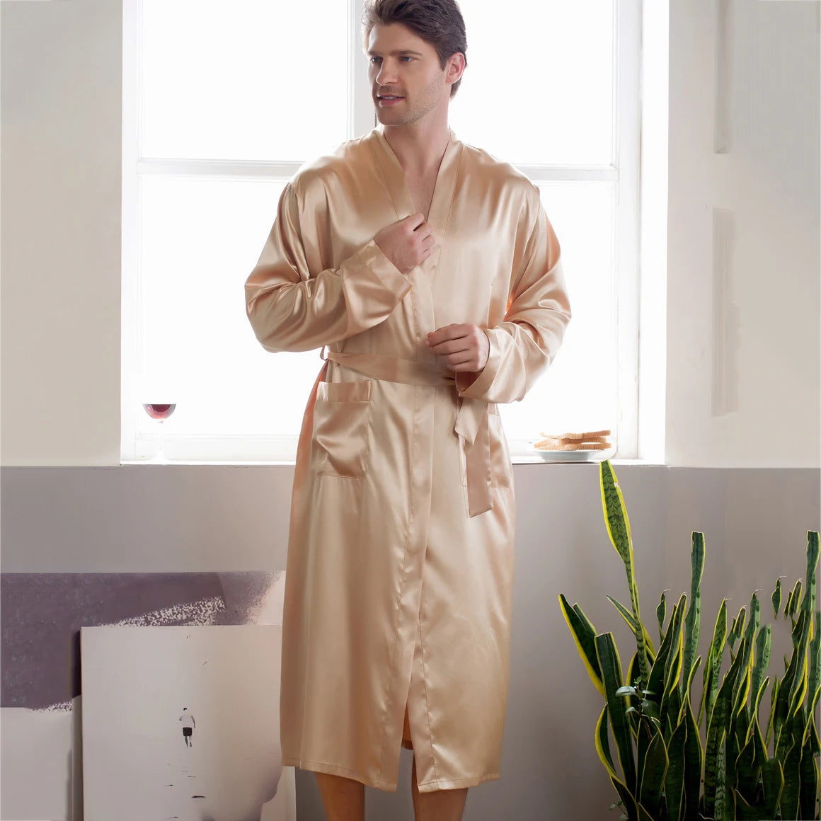 Soft Gray Men's Plus Size Kimono Bathrobe with Pockets