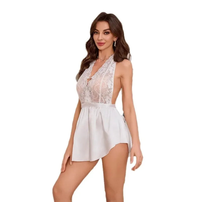 Elegant Sheer Lace Backless Sleepwear: Contoured Women’s Loungewear
