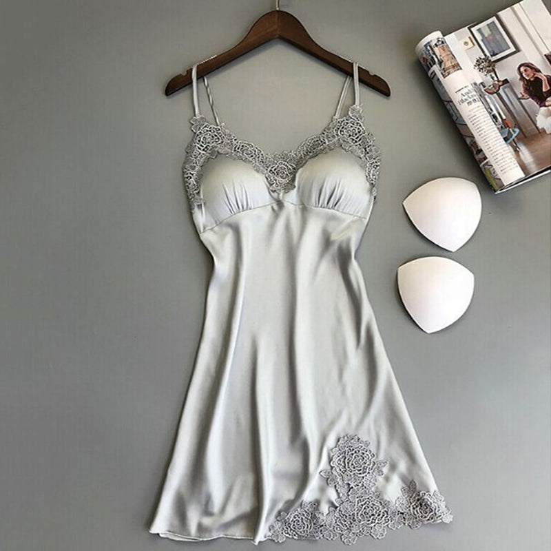 Women's Elegant Silk Satin Nightgown With Floral Lace Trim Soft Sleepwear Robe
