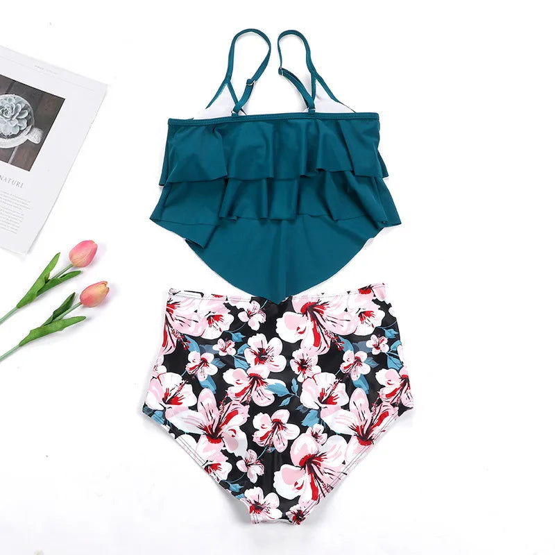 Premium Two Piece Ruffled Top High Waisted Swimsuit Set