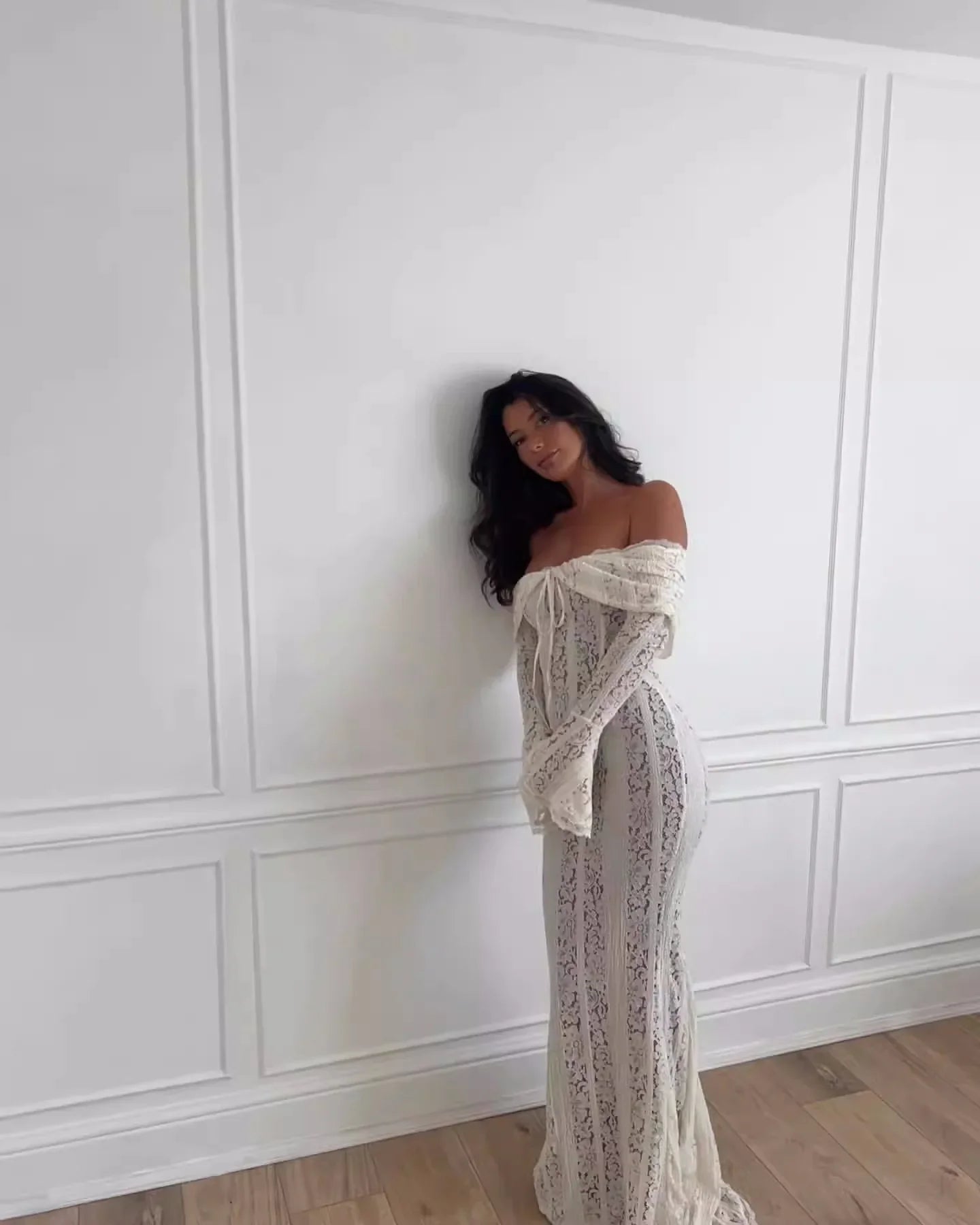 Premium Women White Bodycon Lace Maxi Dress Flare Sleeves