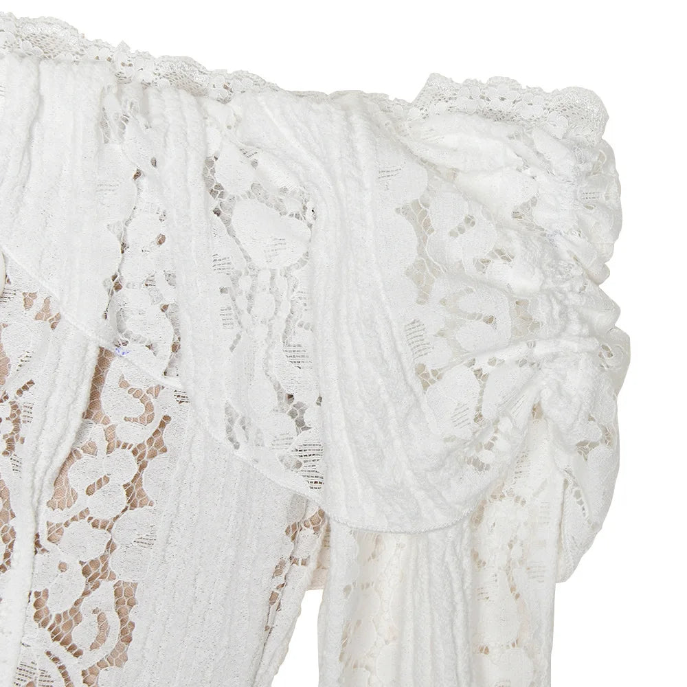 Premium Women White Bodycon Lace Maxi Dress Flare Sleeves