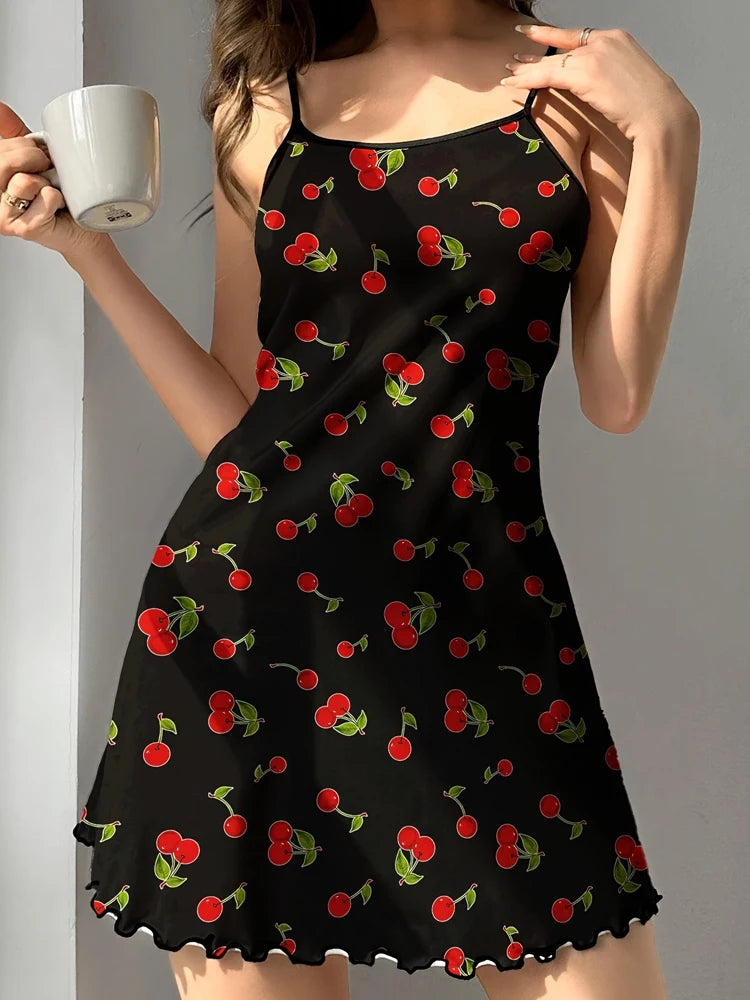 Summer Women's Satin Teddy Bear Butterfly Ruffled Strap Sleepwear