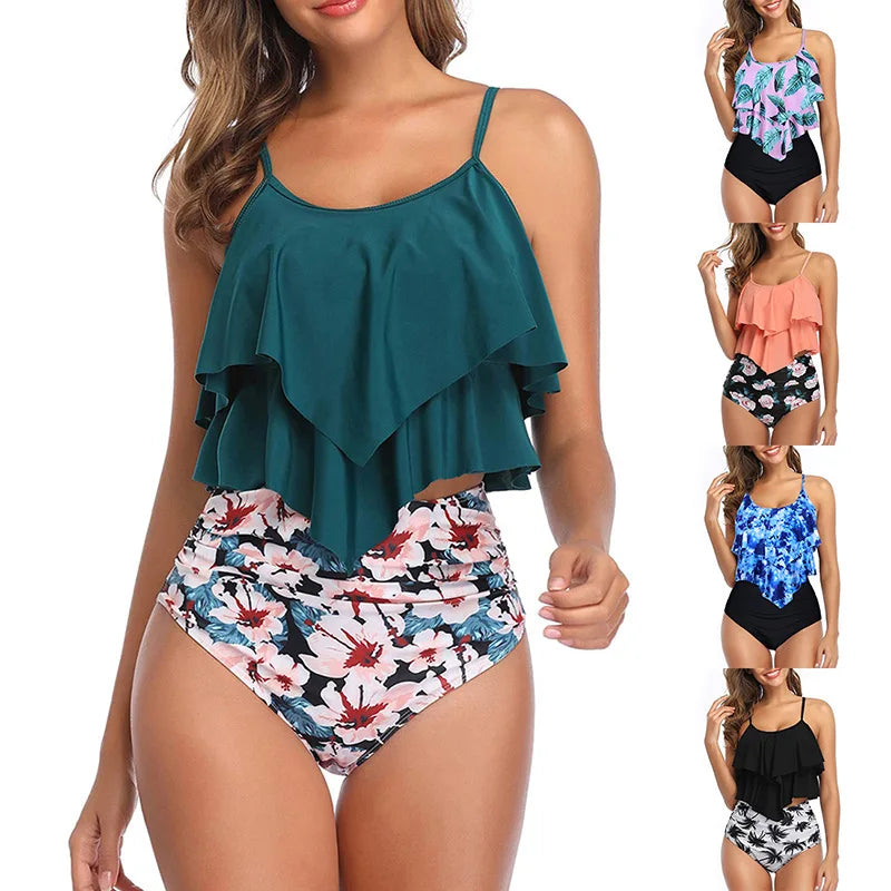 Premium Two Piece Ruffled Top High Waisted Swimsuit Set