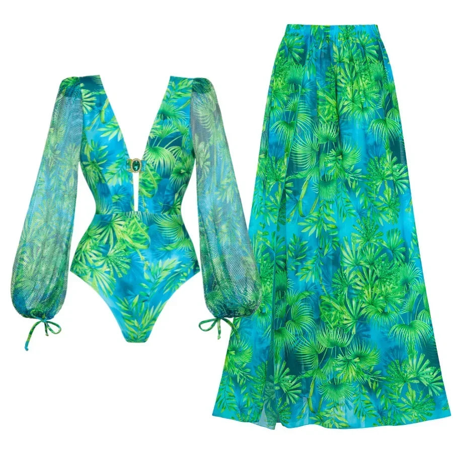 Elegant Women Jungle Green Print One Piece Swimsuit Skirt Set