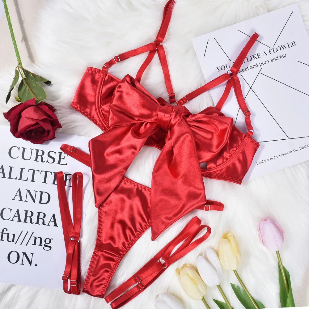 Women's Exquisite Bow Underwire Three Piece Matching Lingerie Set