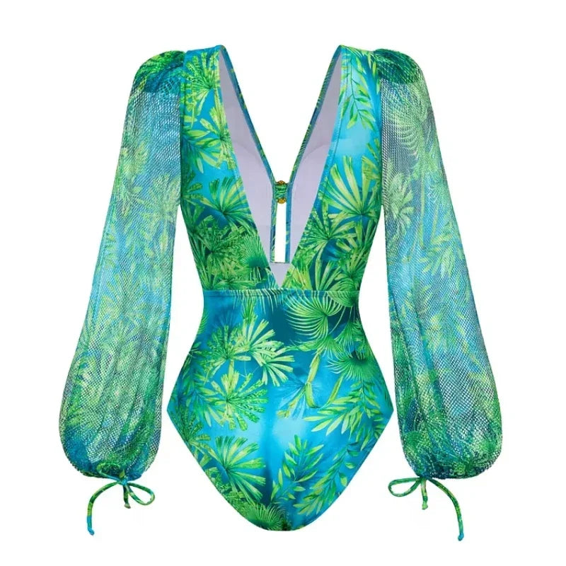 Elegant Women Jungle Green Print One Piece Swimsuit Skirt Set