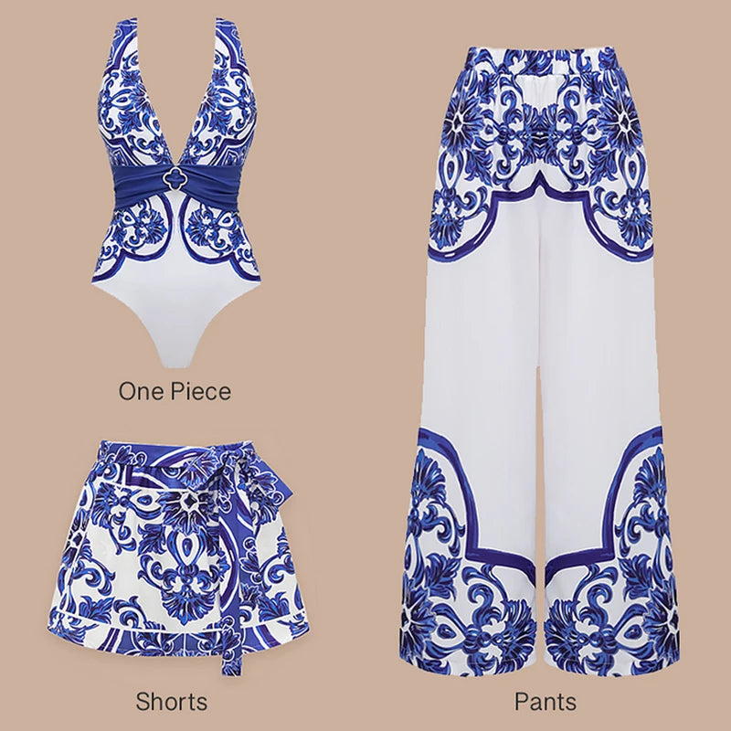 Premium Majolica Print One Piece Swimsuit And Pants Set