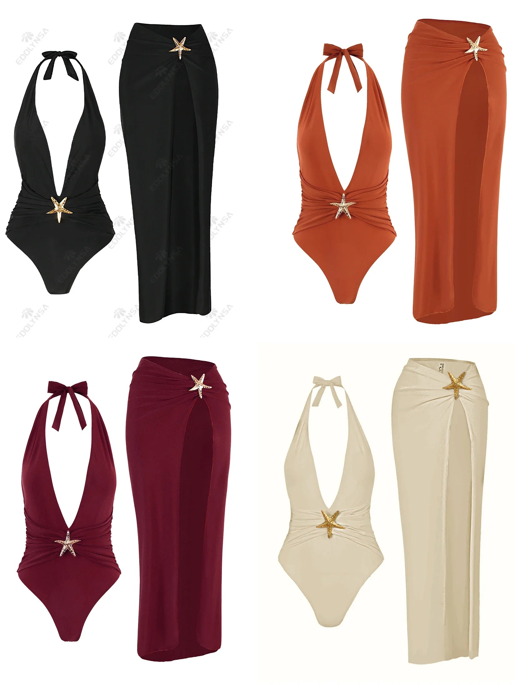 Chic Two Piece Halter Swimsuit Set Matching Beach Skirt