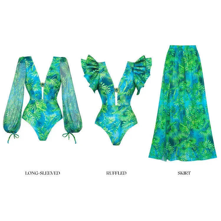 Elegant Women Jungle Green Print One Piece Swimsuit Skirt Set
