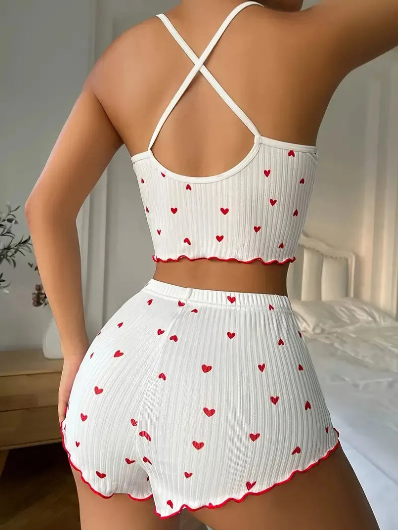 Soft Ribbed Women's Heart Print Cami Pajama Shorts Set