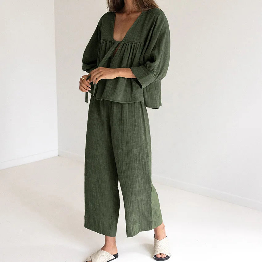 Breathable Cotton Women's V-Neck Pajama Set Loose Lounge Suit