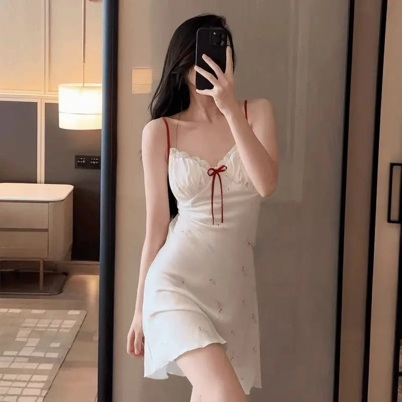 Women's Summer Ice Silk Chemise Nightgown With Elegant Lace Trim V-Neck Sleepwear