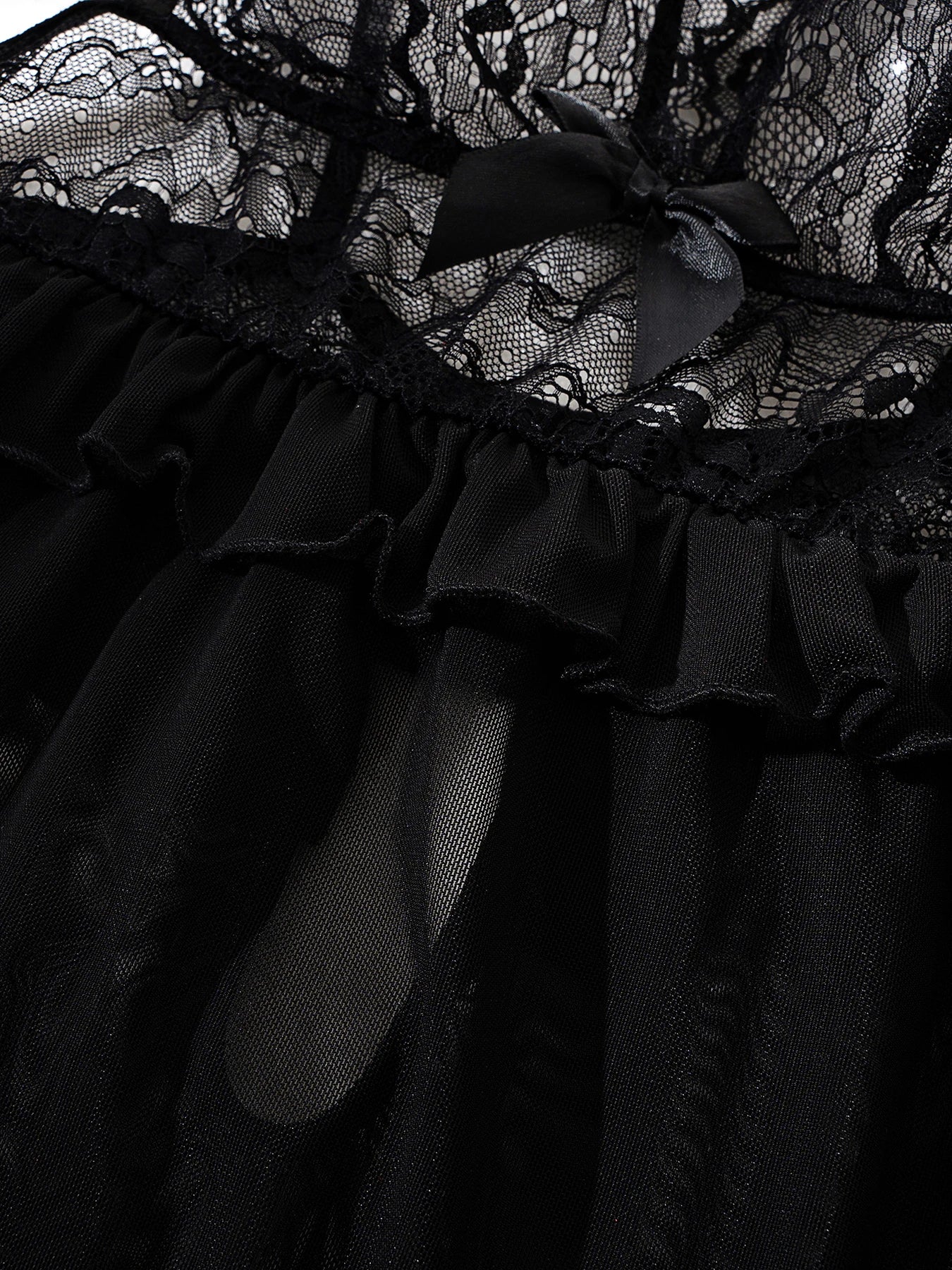 Premium Women Black Mesh Nightdress Sheer Lace V Neckwear