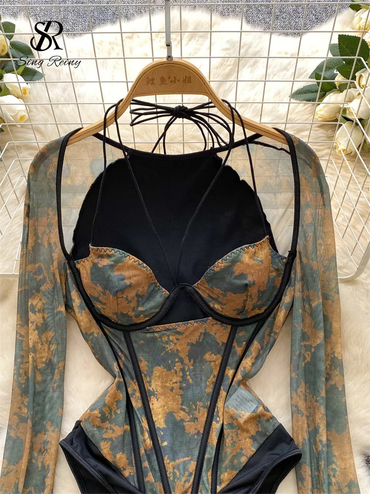Vintage Print Halter Romper Long Sleeve Fashion Ladies Bodysuit