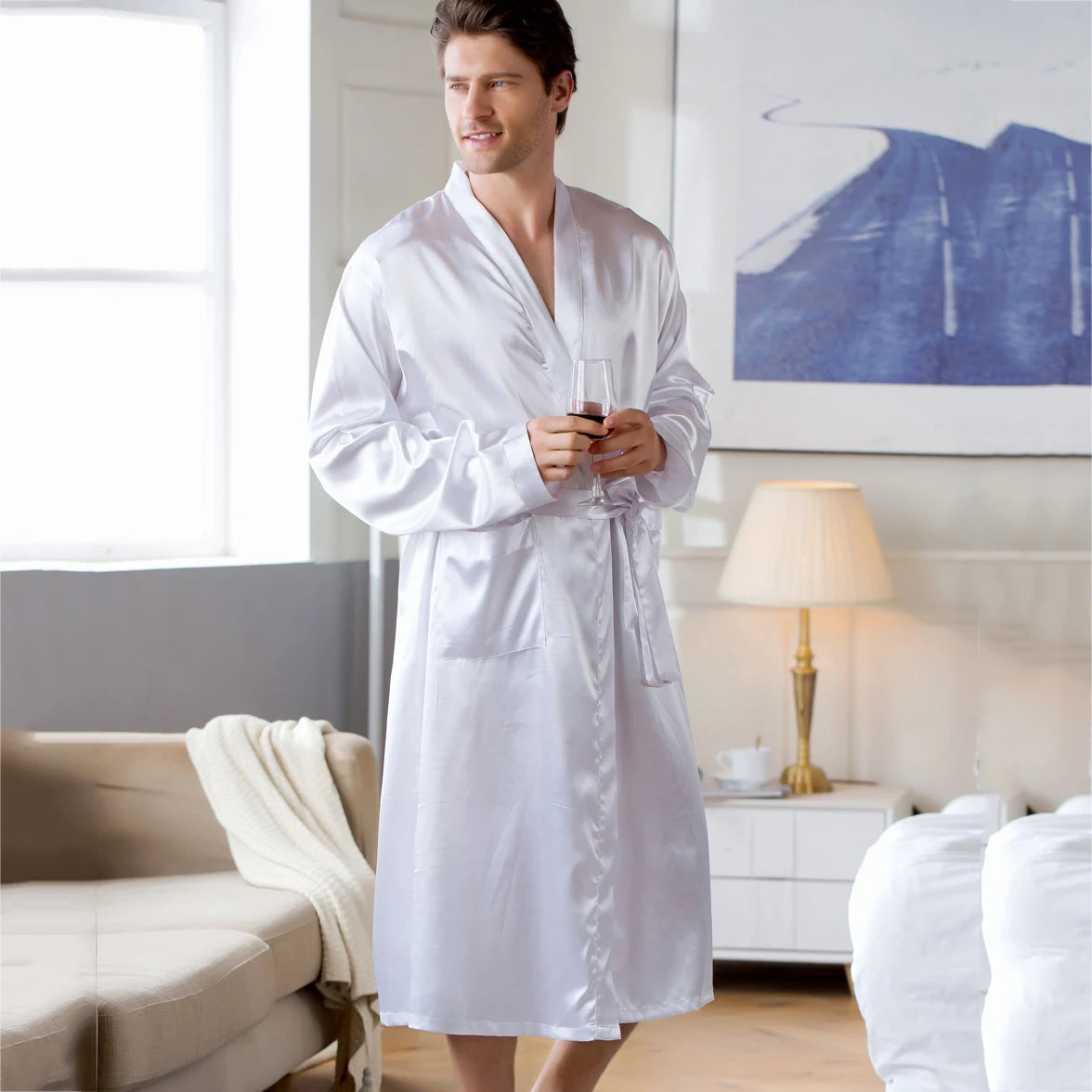 Soft Gray Men's Plus Size Kimono Bathrobe with Pockets