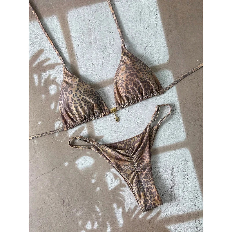 Elegant Leopard Pattern Two Piece Bathing Suit Beachwear Set