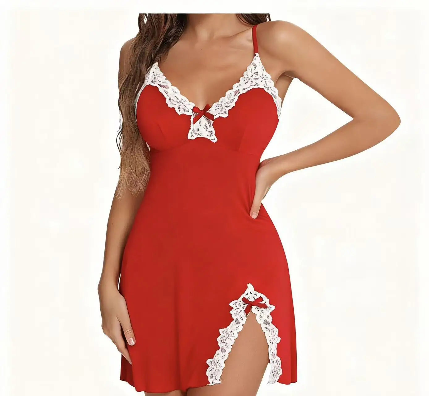 Silky Lace V-Neck Nightgown Premium Soft Split Sleepwear