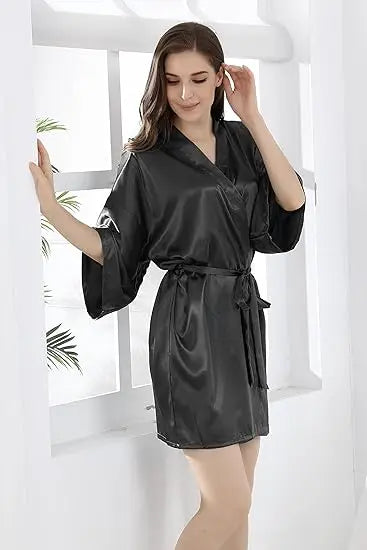 Luxurious Navy Blue Satin Kimono Robe Women's Silk Feel Bridesmaid Dressing Gown Sleepwear