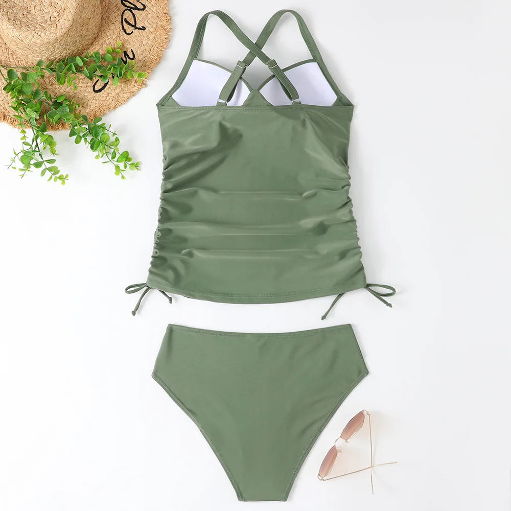 Leaf Print Halter Tankini Swimsuit Set For Summer