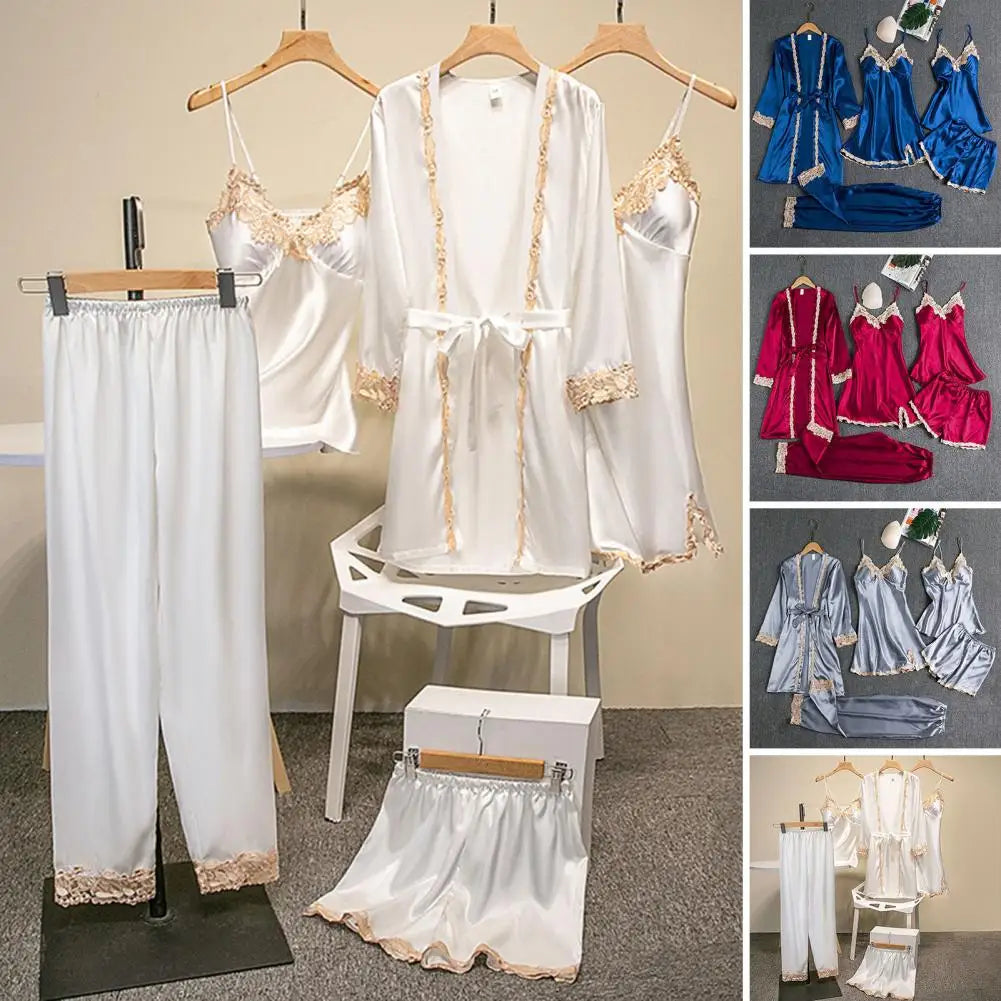Women's 5-Piece Satin Sleepwear Set Includes Robe Nightgown Top Shorts And Pants