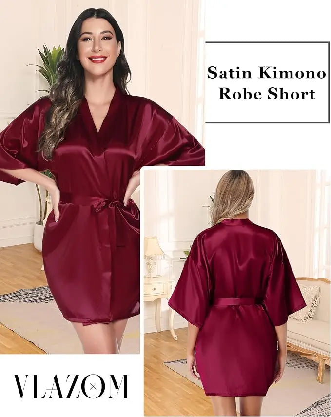 Women's Green Satin Elegant Kimono Bathrobe Bridal Sleepwear Set
