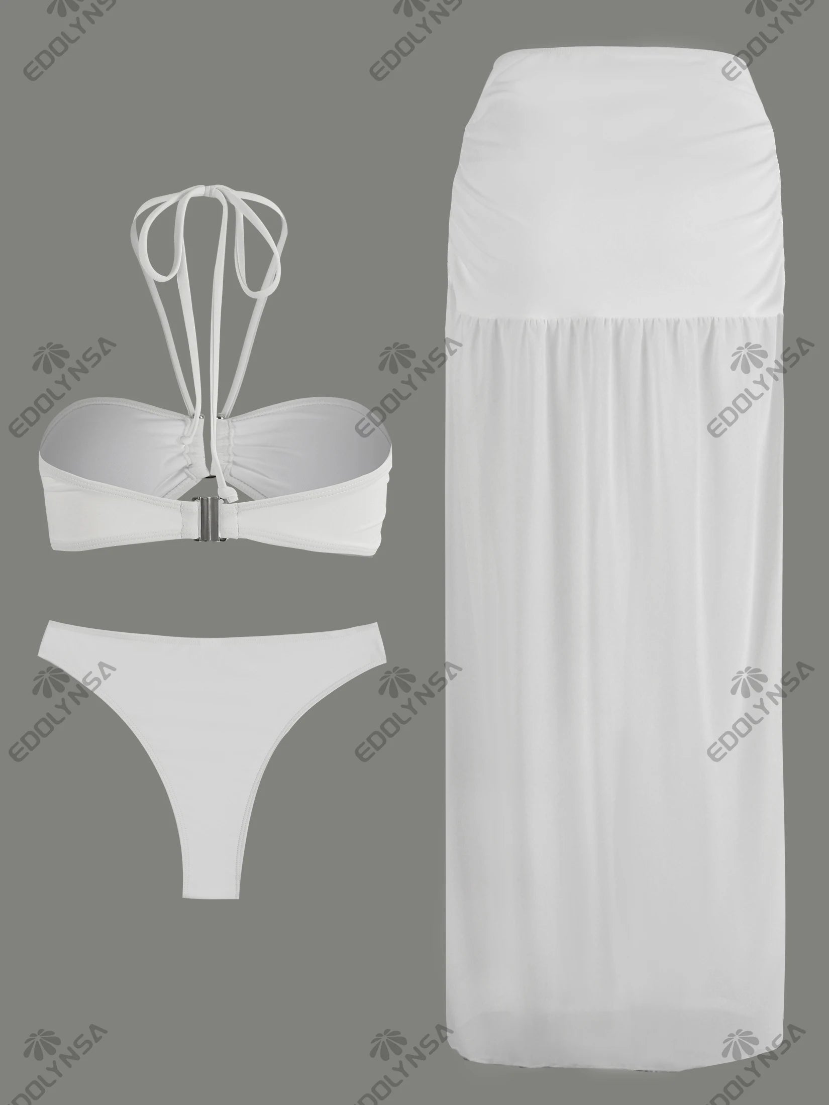 Women's White Halter Bikini Three Piece Maxi Skirt Set