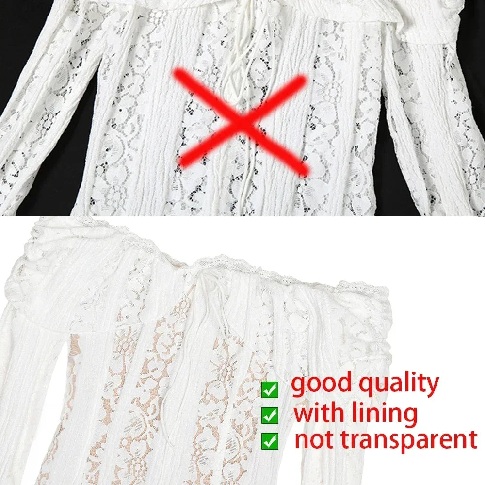 Premium Women White Bodycon Lace Maxi Dress Flare Sleeves
