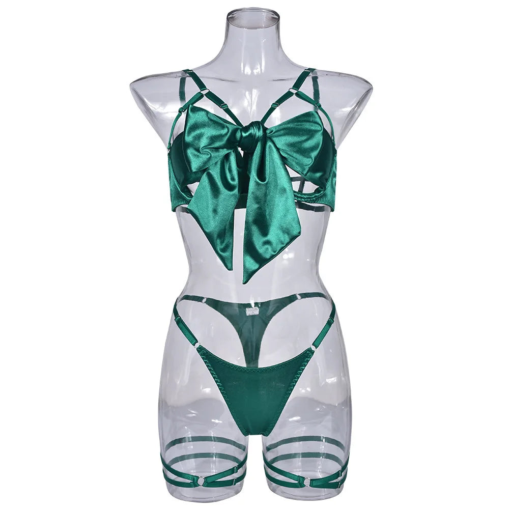 Women's Exquisite Bow Underwire Three Piece Matching Lingerie Set