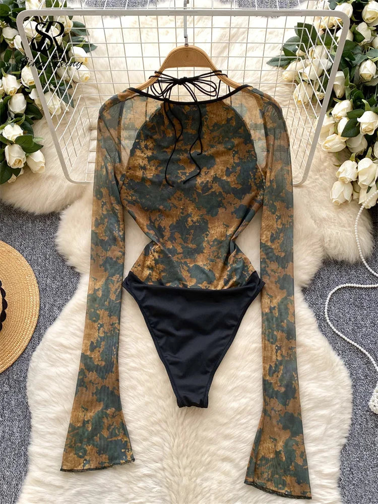 Vintage Print Halter Romper Long Sleeve Fashion Ladies Bodysuit