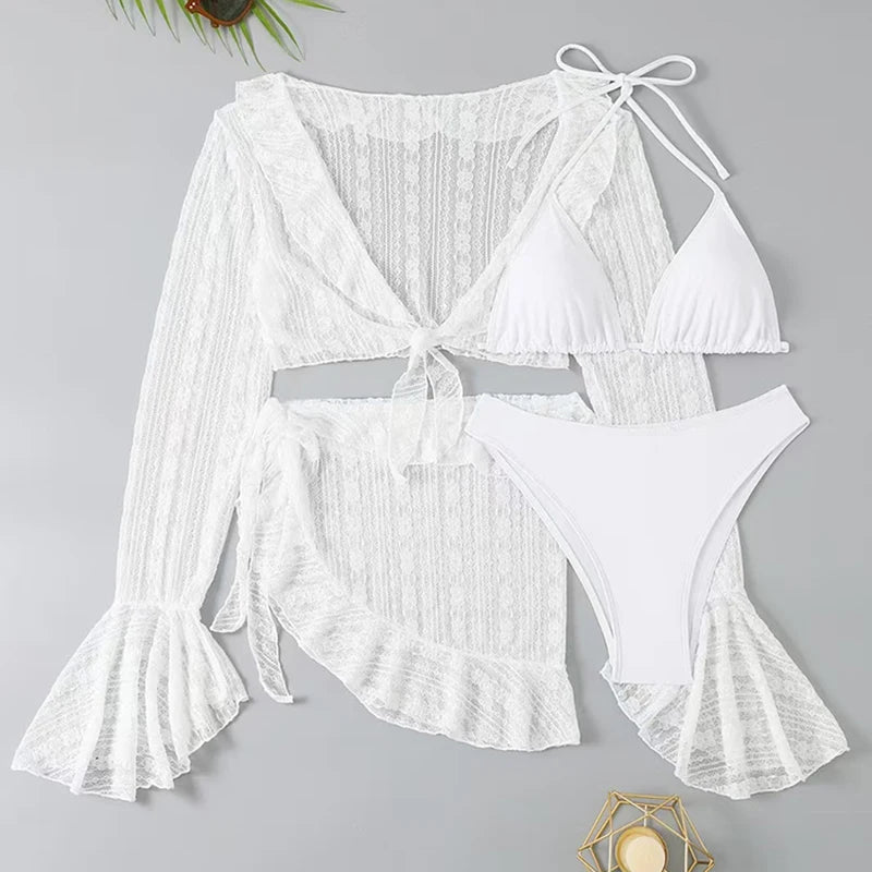 Women's 4-Piece Bikini Set with Long-Sleeve Cover-Up