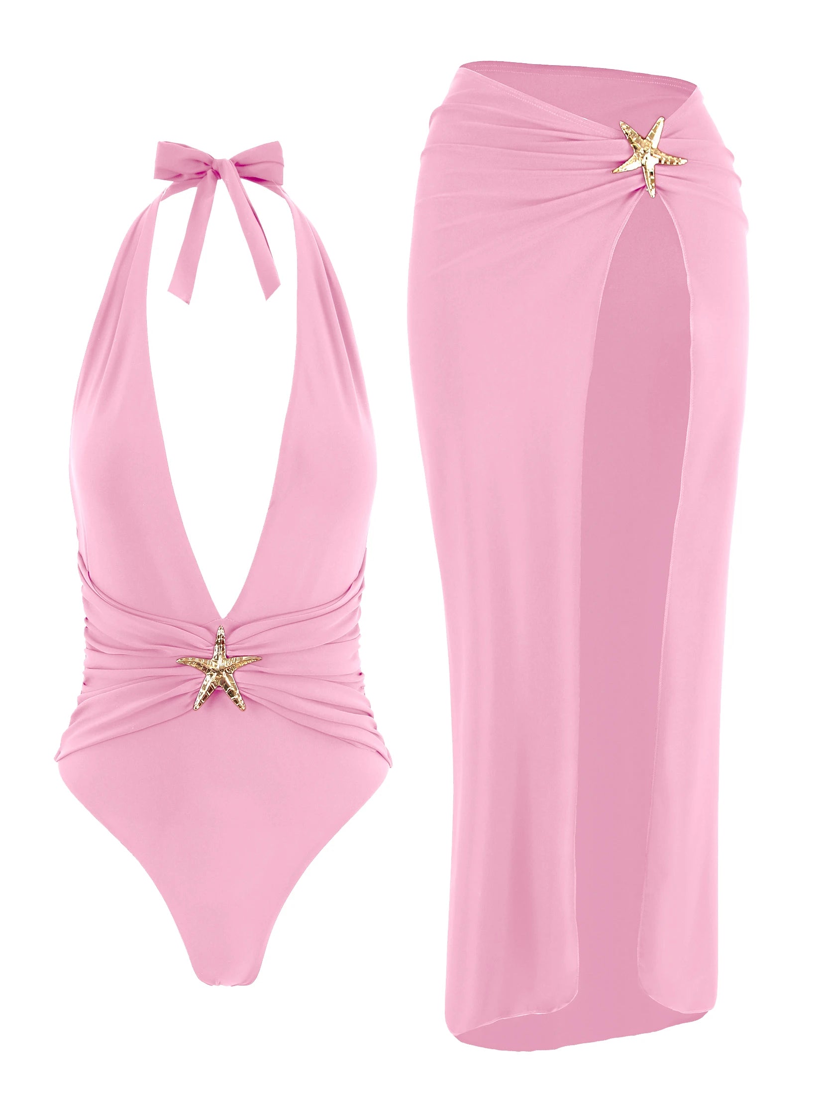 Chic Two Piece Halter Swimsuit Set Matching Beach Skirt