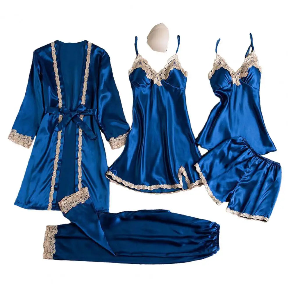 Women's 5-Piece Satin Sleepwear Set Includes Robe Nightgown Top Shorts And Pants