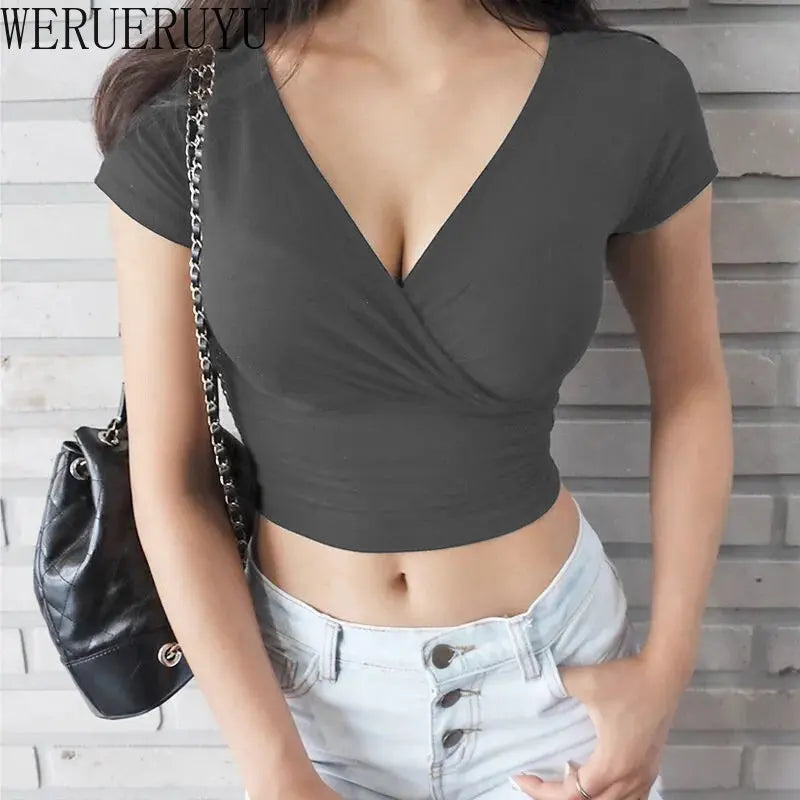Premium Women Black V Neck Y2K Streetwear Crop Tshirt