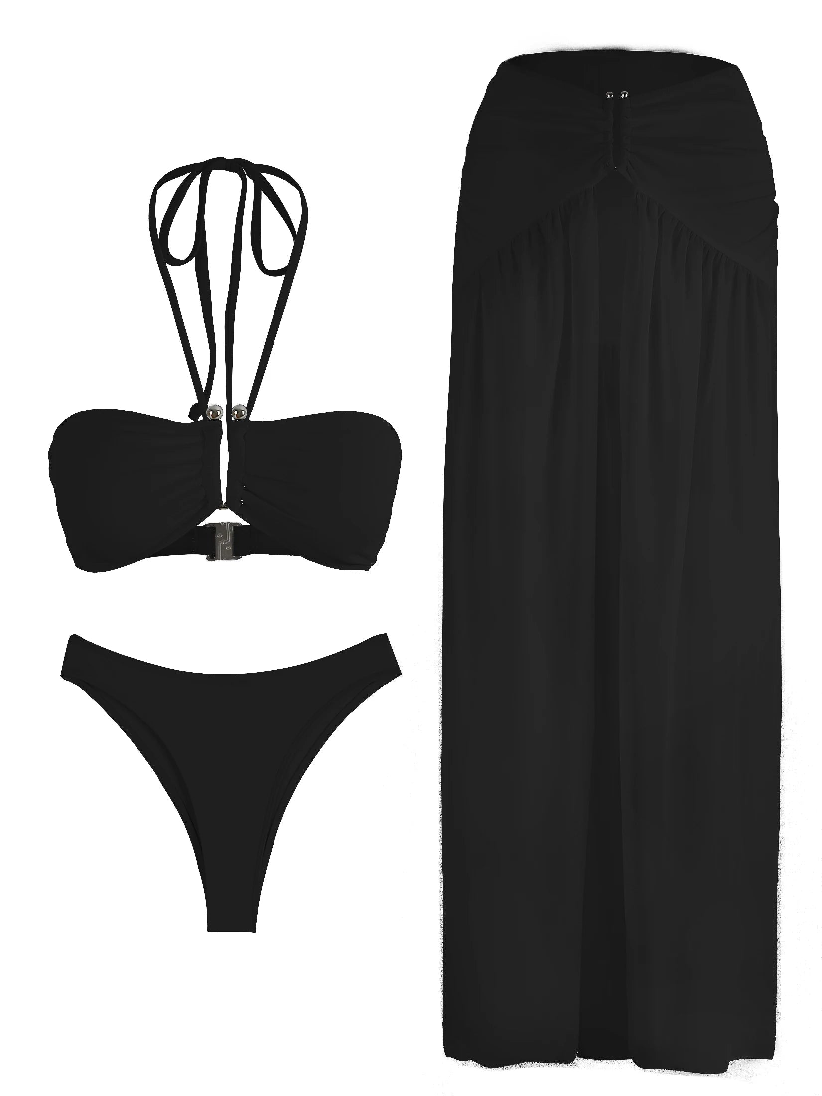Women's White Halter Bikini Three Piece Maxi Skirt Set