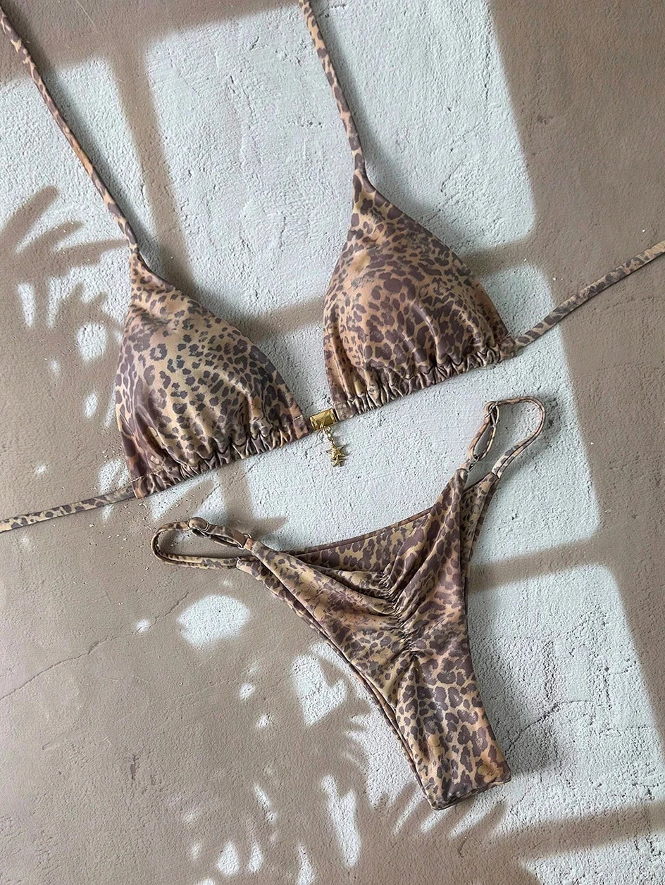 Elegant Leopard Pattern Two Piece Bathing Suit Beachwear Set