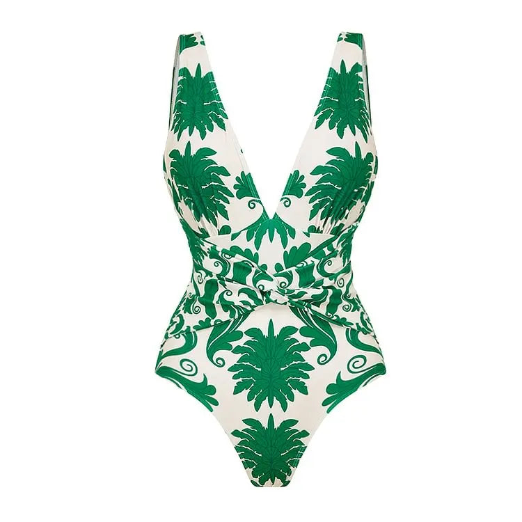 Flaxmaker Summer Women Lace Up V Neck Ruffle Swimsuit Sarong