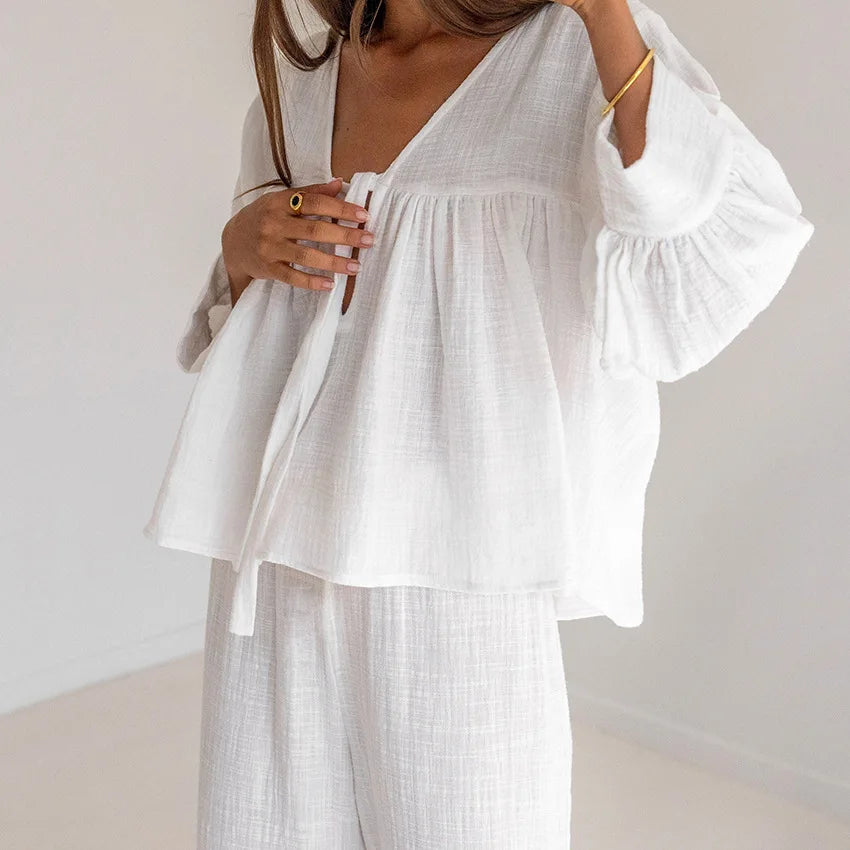 Breathable Cotton Women's V-Neck Pajama Set Loose Lounge Suit
