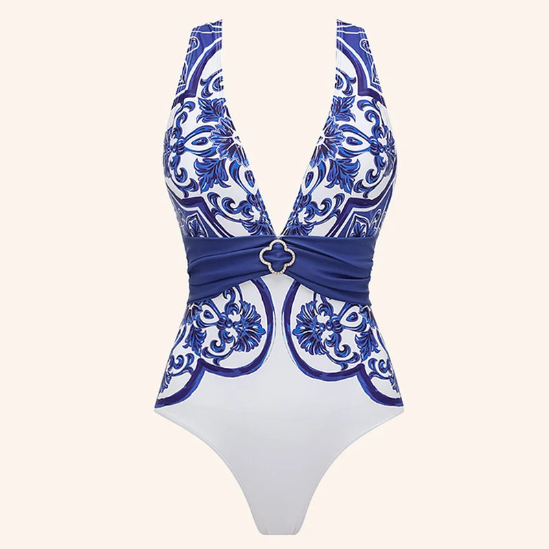 Premium Majolica Print One Piece Swimsuit And Pants Set