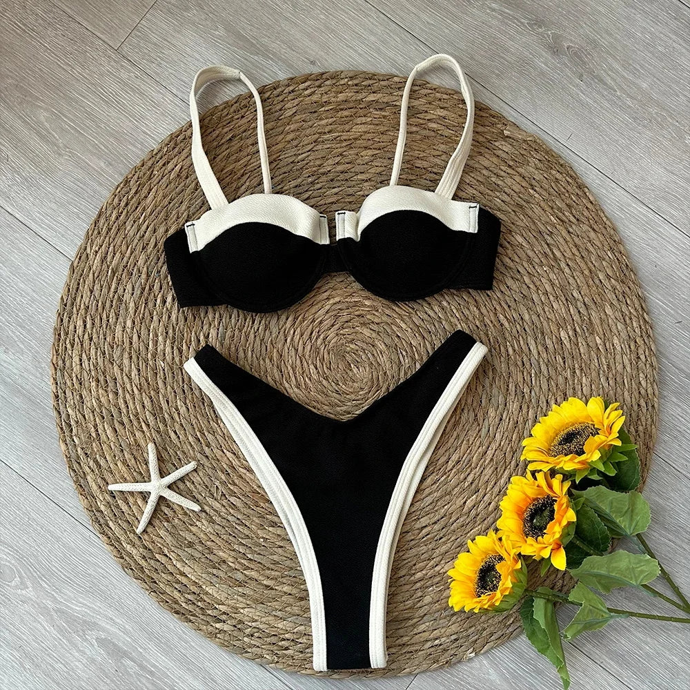 Women High Cut Patchwork Bikini Set Brazilian Beachwear Swimsuit