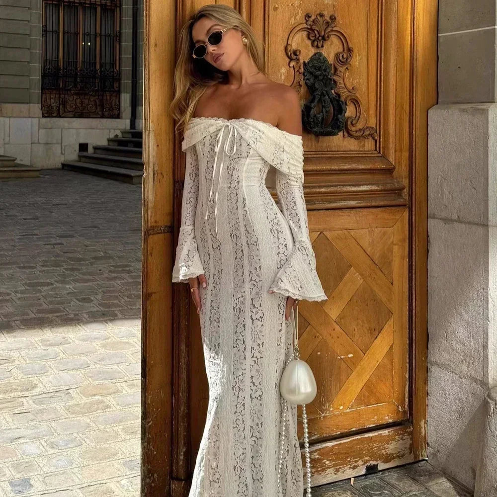 Premium Women White Bodycon Lace Maxi Dress Flare Sleeves
