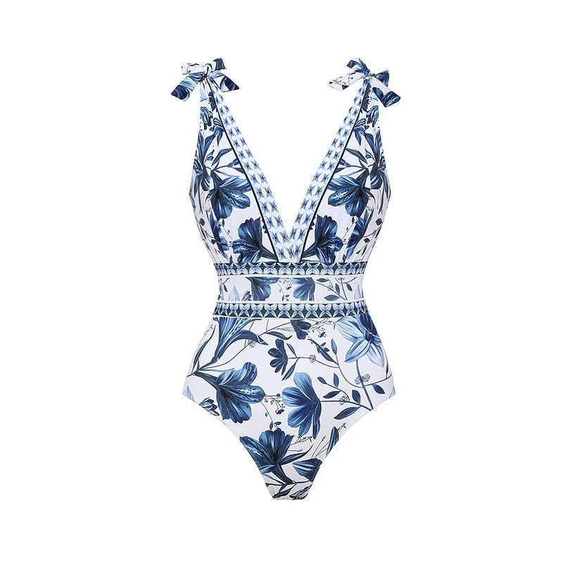 Flaxmaker Summer Women Lace Up V Neck Ruffle Swimsuit Sarong
